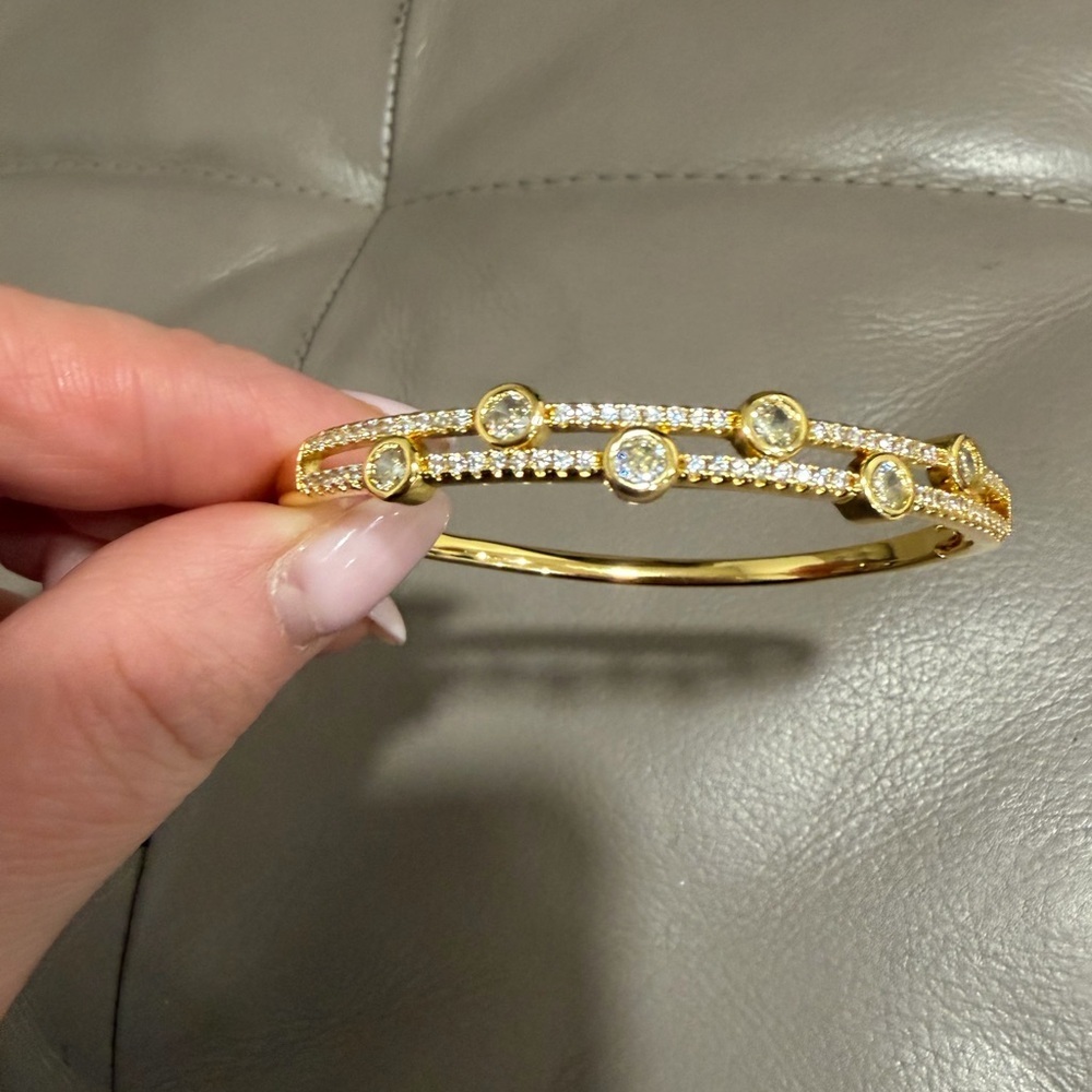 Gold Double Layer Rhinestone Bangle Bracelet - Picture 2 of 5